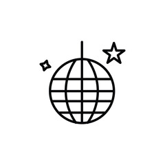 A black outline illustration of a disco ball hanging from a line with two stars flanking it