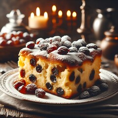 “Bread pudding slice with raisins, powdered sugar, rustic wooden table.”