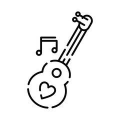 A blackline illustration of a ukulele with a heart outline and musical notes