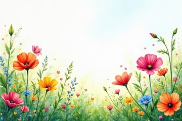 Fototapeta premium Vibrant watercolor wildflowers, meadow scene, bright colors , colorful, floral