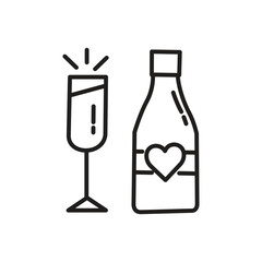 A champagne glass with sparkles and a champagne bottle with a heart