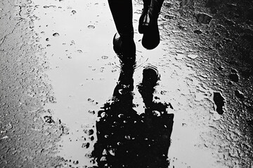 person walking by, their silhouette reflected in rainy puddle