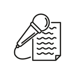 A black microphone leans against a paper sheet with wavy lines