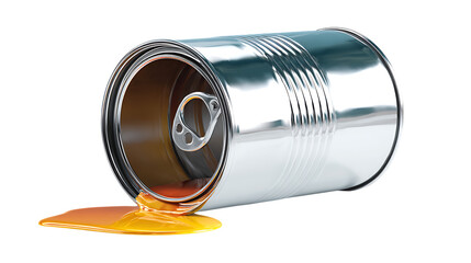Spilled silver paint can isolated on transparent background, showing a mess