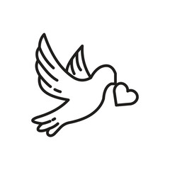 A line drawing of a dove holding a heart in its beak The dove is in midflight with its wings spread