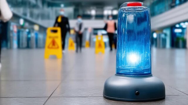 Safety Beacon: A captivating view captures a close-up of a prominent, glowing blue safety beacon, prominently positioned within a modern building, serving as a steadfast symbol of security, guidance.