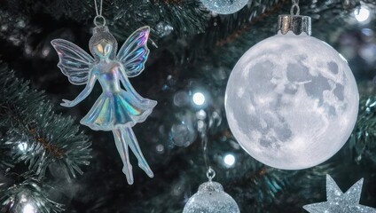 Christmas tree decorations with fairy and moon ornaments.