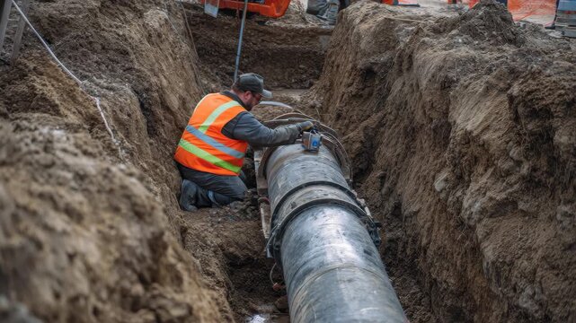 Construction workers using trenchless pipe installation technology at a busy site in the afternoon, focusing on new utilities development and infrastructure improvement efforts