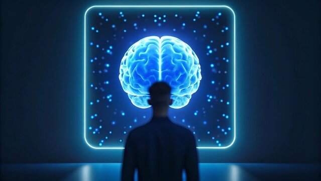 Person looking at a glowing digital brain hologram