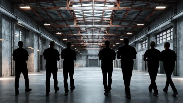 Expansive empty warehouse interior showcasing concrete floor and high ceilings with industrial lighting, ideal for storage or events