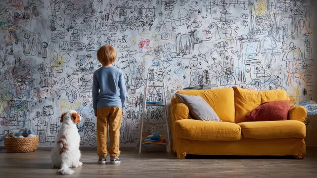 Boy and his dog explore colorful children's doodles on a wall in a cozy living room filled with art and creativity during the afternoon