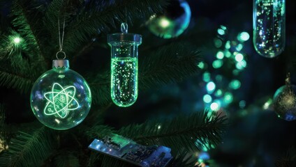 Christmas Tree Ornaments with Science Symbols and Glowing Lights.