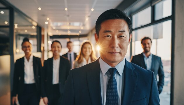 Portrait of a mature man against the backdrop of happy business colleagues walking a hallway of an office building. 