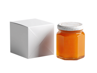 Jam jar and square gift box on black background