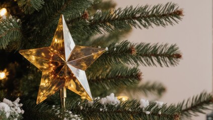 Christmas tree star ornament shining brightly with festive lights and decorations.