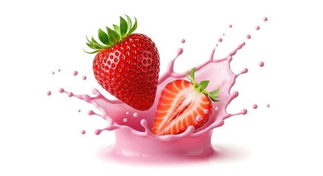 Fresh strawberries splashing into pink yogurt creating a vibrant fruity dessert - Powered by Adobe