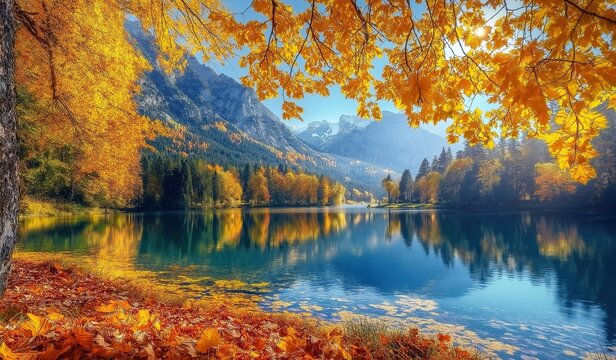A picturesque autumn scene with vibrant yellow leaves reflecting on the calm waters of an alpine lake surrounded by mountains in sunny weather.