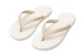 Pair of beige flip-flops on transparent background, summer footwear