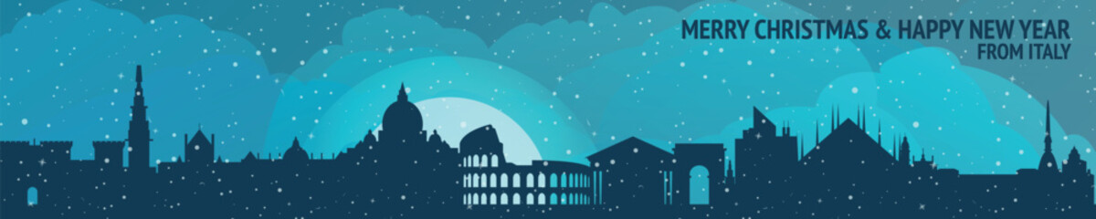 Fototapeta premium Greetings from Italy. Christmas, winter banner with cities panorama. Festive skylines of Rome, Milan, Turin, Naples for web design, header, social media, backdrop