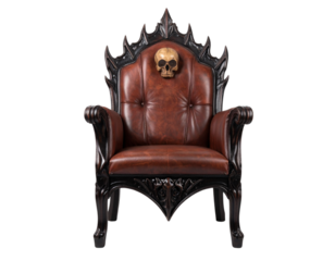 Angled Perspective of Gothic Skull Chair with Ornate Detailing, Dramatic Dark Aesthetic, Isolated on Transparent Background