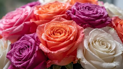 Close-up of colorful roses with water droplets in pink, orange, purple, and white hues in a bouquet