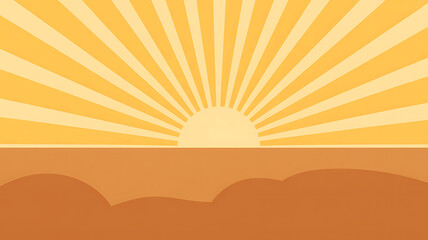 Bright sunrise over a desert landscape with radiating sunbeams and warm orange tones