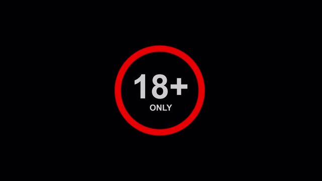 Animated 18+ only warning badge with blinking text, bold red circle and transparent background. Suitable for age restriction overlays and sensitive content alerts. 4K video
