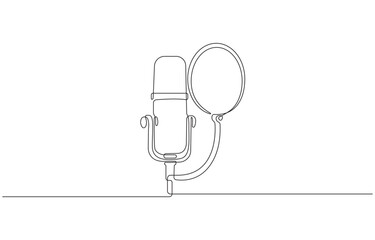 Continuous one line drawing technology object, sound recording equipment concept, professional studio microphone with pop filter, modern Single line art design graphic vector illustration.