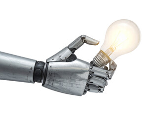Angled Perspective of Robotic Hand Presenting Light Bulb, Futuristic Technology Illustration, Isolated on Transparent Background