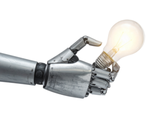 Angled Perspective of Robotic Hand Presenting Light Bulb, Futuristic Technology Illustration, Isolated on Transparent Background