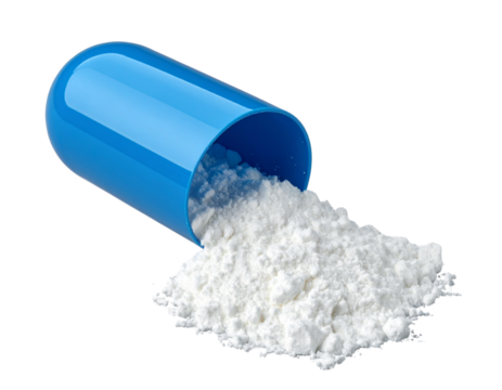 Angled Perspective of Spilled Capsule Powder, Medicine and Healthcare Illustration, Isolated on Transparent Background