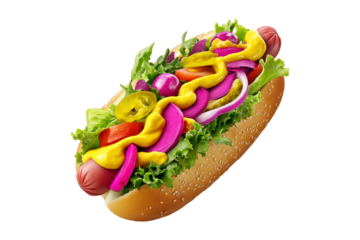 Brazil Hot Dog Completo overloaded hot dog with mustard, veggies, and cheese on sesame bun, isolated on white transparent background, concept of fast food