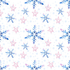 Winter Snowfall pattern seamless with pink star. Perfect for print, background, and packaging.
