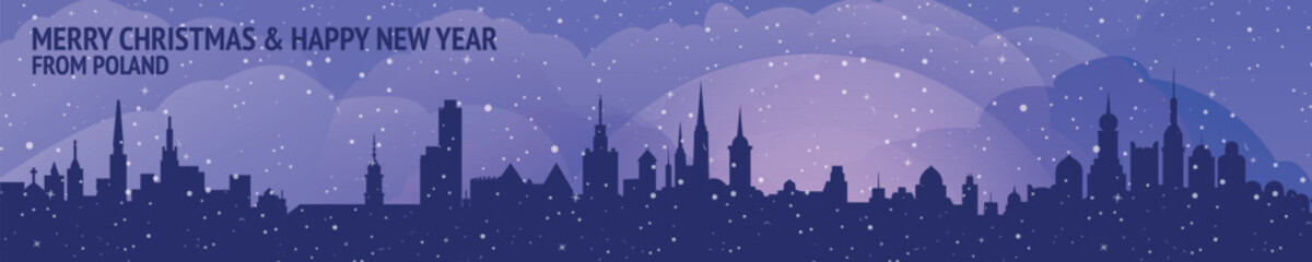 Naklejka premium Greetings from Poland. Christmas, winter banner with cities panorama. Festive skylines of Warsaw, Krakow, Lodz, Wroclaw for web design, header, social media, backdrop