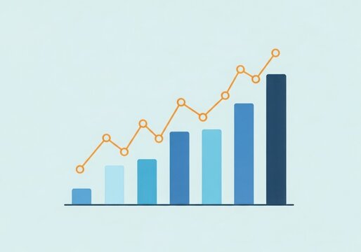 Clean minimalist flat design bar chart with upward trend line showing growth and progress - Powered by Adobe