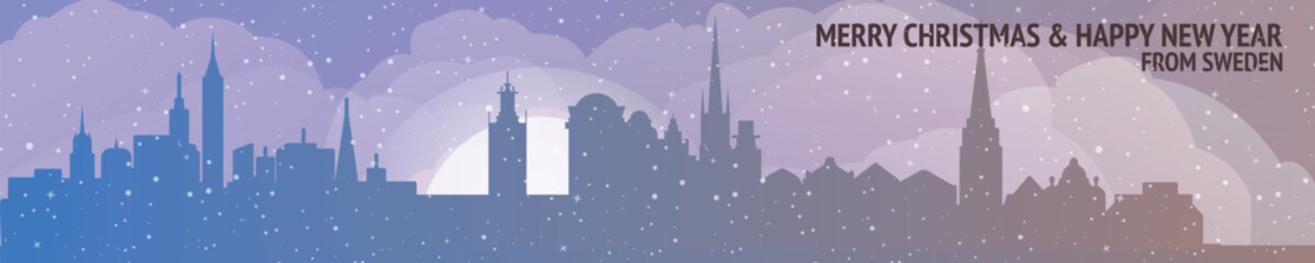 Naklejka premium Greetings from Sweden. Christmas, winter banner with cities panorama. Festive skylines of Stockholm, Gothenburg and Malmo for web design, header, social media, backdrop