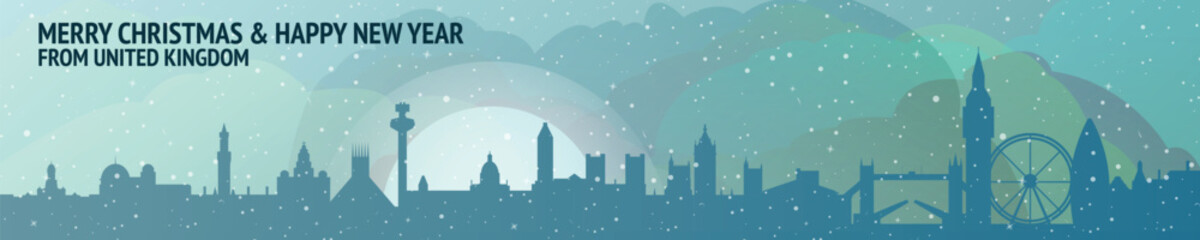 Fototapeta premium Greetings from UK, United Kingdom. Christmas, winter banner with panoramas. Festive skylines of England, Wales, Scotland cities for web design, header, social media, backdrop