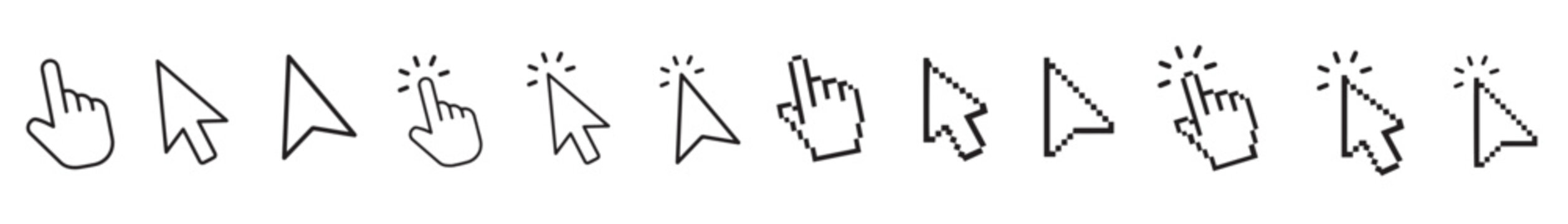 Naklejki cursor icon set. mouse click pointer icons. vector illustration of arrow, hand pointer, click effect, arrow pointer, icons. classic UI cursor pack for web app interfaces and digital design.