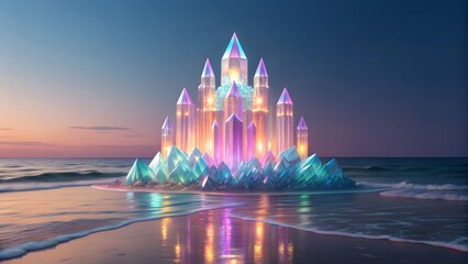 Magical glowing crystal castle fantasy landscape at sunset on the ocean shore