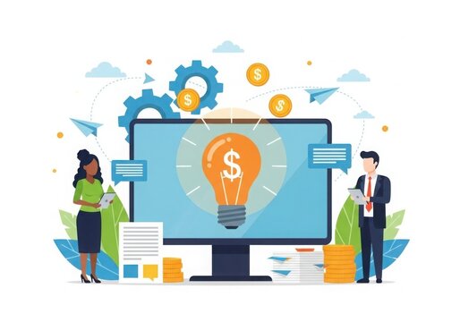 Business team collaboration and financial idea generation on computer screen