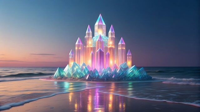 Magical glowing crystal castle fantasy landscape at sunset on the ocean shore - Powered by Adobe