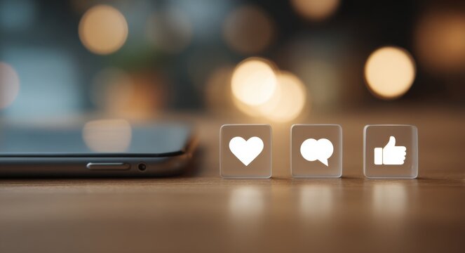 Transparent UI buttons with heart, speech bubble and thumbs up icons. Modern social media interaction interface.