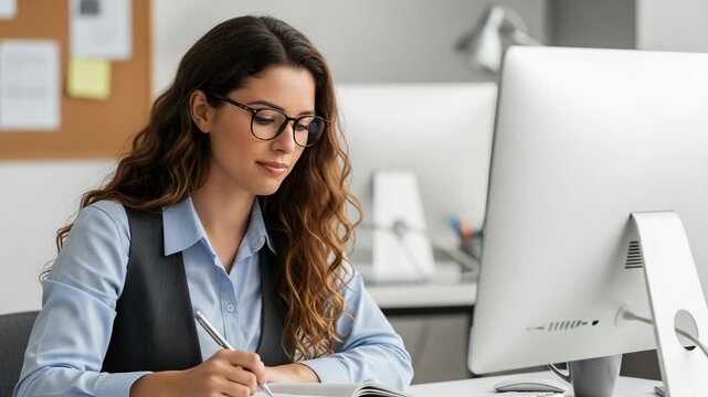 Woman with glasses taking notes at desk with computer in office space