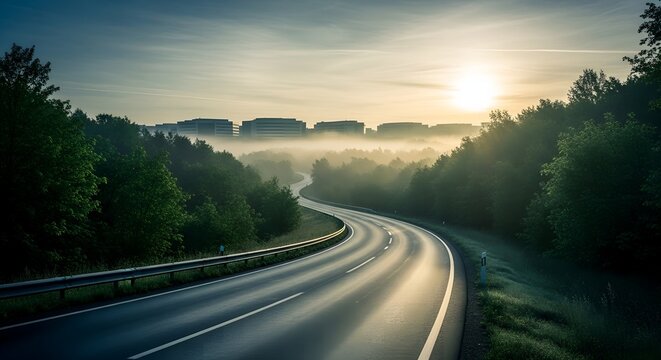 Winding road to corporate campus in morning fog