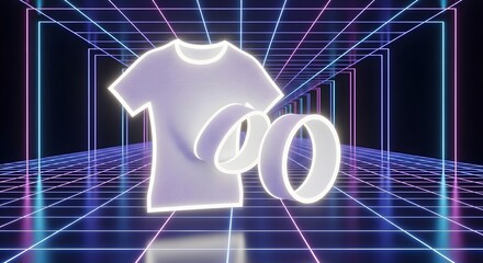 Glowing T Shirt and Rings NFT Merchandise in Retro Neon Cyberpunk Digital Space