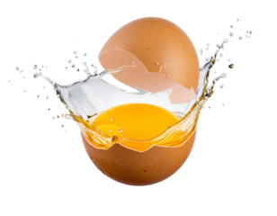 Brown Egg Cracking Mid-Air with Yolk and Egg White Splash, Dynamic Culinary Action, Isolated on Transparent Background