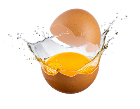 Brown Egg Cracking Mid-Air with Yolk and Egg White Splash, Dynamic Culinary Action, Isolated on Transparent Background