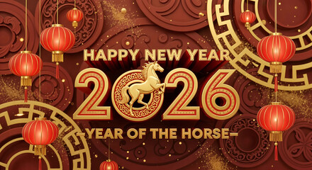 Happy new year 2026 year of the horse chinese zodiac celebration with lanterns