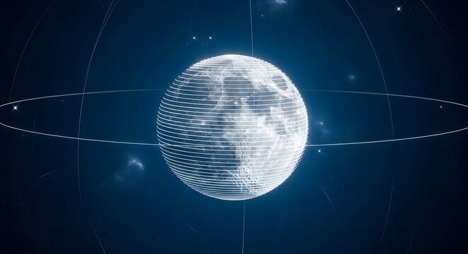 Digital Moon Globe with Futuristic Orbital Lines and Starry Space Background