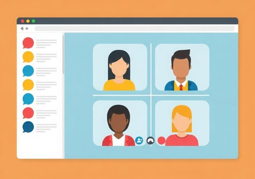 Flat design video conference interface showing four people communicating remotely online